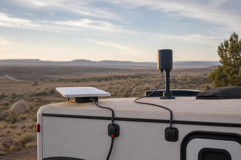 A low-profile satellite terminal and cellular antenna mounted on an RV in open country.