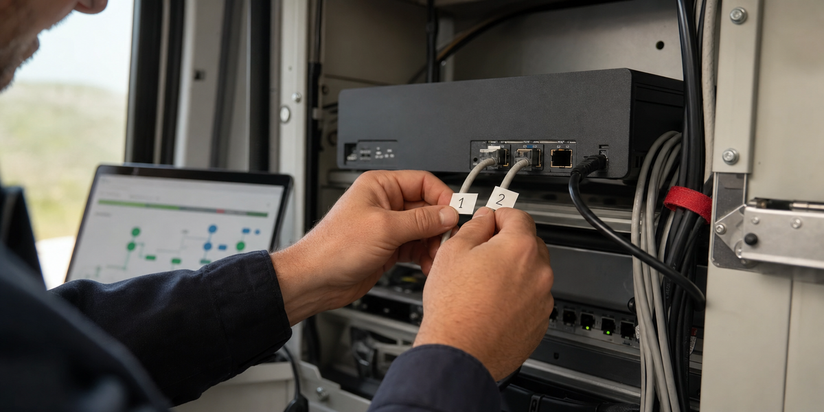 A technician labels two internet cables connected to a multi-WAN router in a field vehicle.