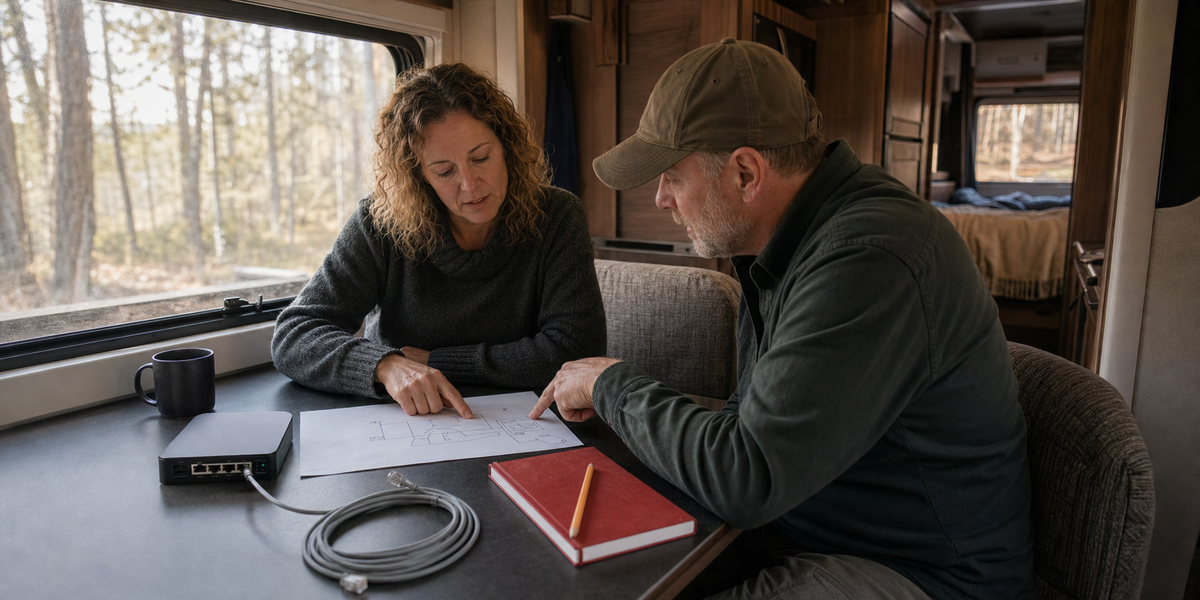 Two people planning an RV internet setup beside a router, cable, and paper diagram.