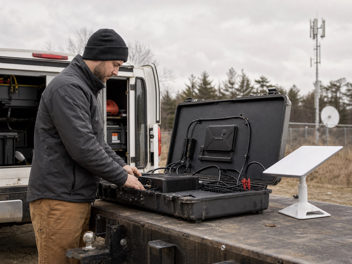 A field engineer preparing a deployable connectivity system beside a service vehicle
